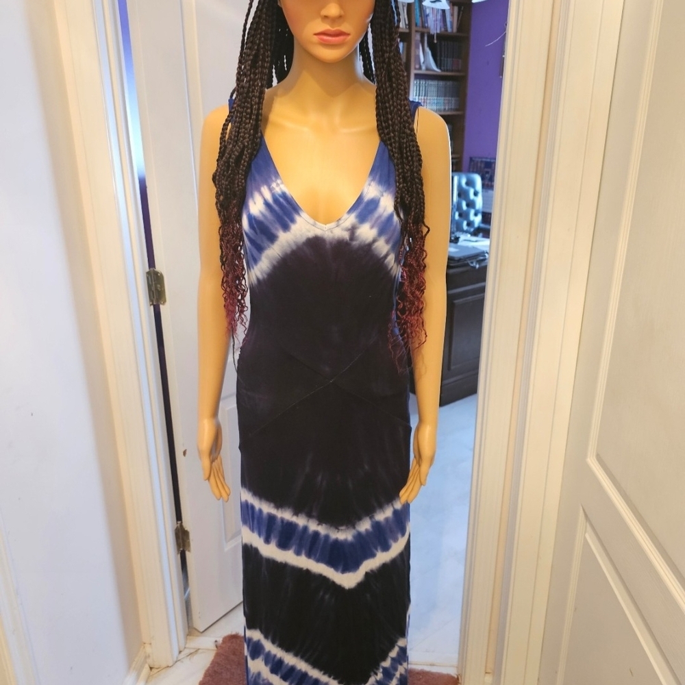Sleeveless Navy Tie-Dye V-Neck Maxi Dress - Blue